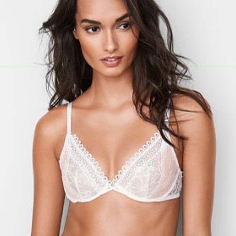 Victoria's Secret Wicked Unlined Lace Plunge Bra Coconut White Nude | Like New